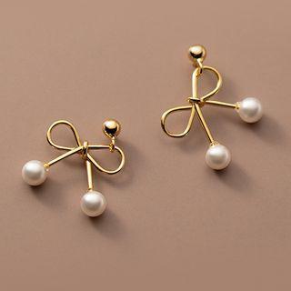 Bow Faux Pearl Sterling Silver Dangle Earring