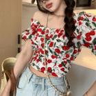 Short-sleeve Cherry Print Top Red & White - One Size
