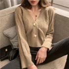 V-neck Linen Flower Pattern Single-breasted Knit Jacket
