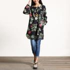 Floral Print Frog Button Long-sleeve Dress