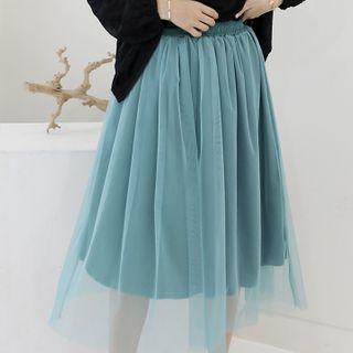 Band-waist Mesh-overlay Skirt
