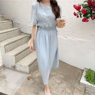 Short-sleeve Drawstring Midi Smock Dress Blue - One Size