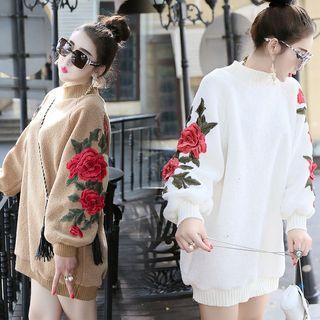 Floral Embroidered Mock Neck Long Pullover