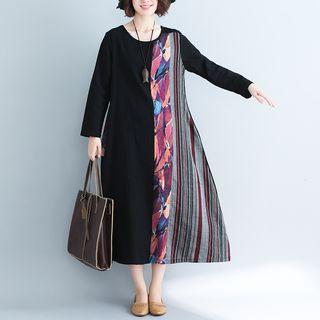 Printed Panel Long-sleeve Midi Shift Dress