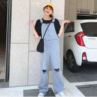 Distressed Loose-fit Denim Jumper Pants Blue - One Size