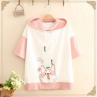 Dog Print Color-block Hooded Short-sleeve Top
