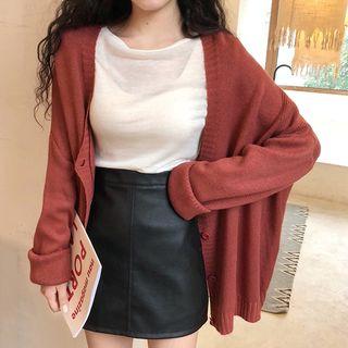 Plain Cardigan / Faux Leather Mini A-line Skirt