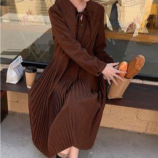 Lace-up Long-sleeve A-line Pleated Dress