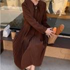 Lace-up Long-sleeve A-line Pleated Dress