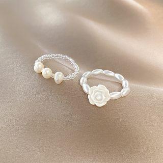Faux Pearl Elastic Ring J574 - White - One Size