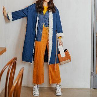 Fleece-lined Denim Belted Long Coat