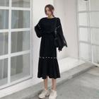 Set Of 2: Long-sleeve Pullover + High Waist Midi Skirt Black - One Size