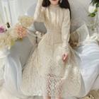 Long-sleeve Lace Midi A-line Dress Off-white - One Size