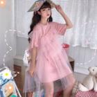 Crew-neck Short-sleeve T-shirt Dress / Mesh Spaghetti Strap Dress / Set