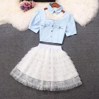 Set: Short-sleeve Square-neck Crop Top + Tiered Mini A-line Skirt