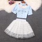 Set: Short-sleeve Square-neck Crop Top + Tiered Mini A-line Skirt