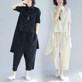 Set : Plain Short-sleeve Asymmetrical Shirt + Wide-leg Pants