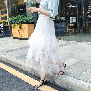 Asymmetric Mesh A-line Midi Tiered Skirt
