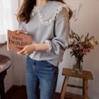 Lace-collar Napped Sweatshirt Gray - One Size