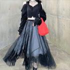 Puff-sleeve Cold-shoulder Cropped Top / Mesh Layered Midi A-line Skirt
