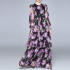 Long-sleeve Floral Print Tiered Maxi Dress