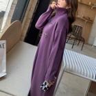 Long-sleeve Zip Detail Distressed Midi Knit Dress