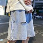 Button-side Distressed Denim Shorts