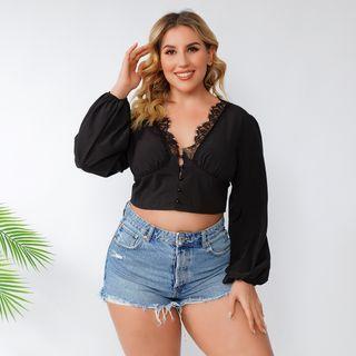 Plus Size Long Sleeve Lace Trim Buttoned Crop Top