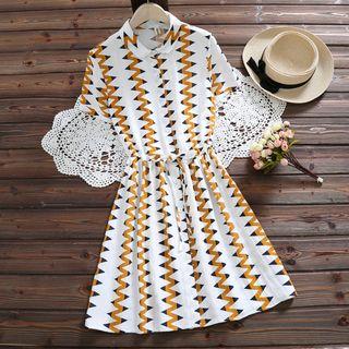 Short-sleeve Geometry Print A-line Midi Dress