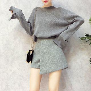 Set: Slit-sleeve Sweater + Skort