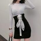Set: Plain Top + High-waist Lace-up Skirt