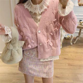 V-neck Knit Cardigan / Lace Top / Tweed Skirt