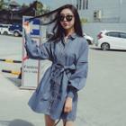 Balloon-sleeve Tie-waist Mini A-line Shirtdress