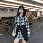 Set: Plaid Long Shirt + Buckled Mini Skirt As Shown In Figure - One Size