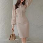 Puff-sleeve Tie Front Sheath Dress