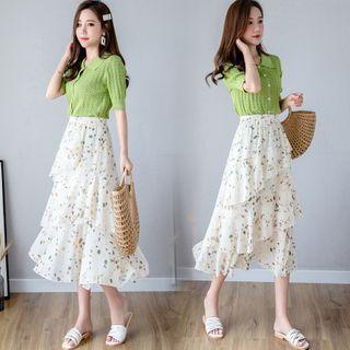 High-waist Layered Ruffle Trim Pattern Printed Mermaid Midi Skirt