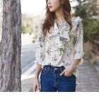 Lace-up Print Ruffled Top
