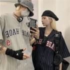 Elbow-sleeve Striped Lettering Embroidered Button-up Top