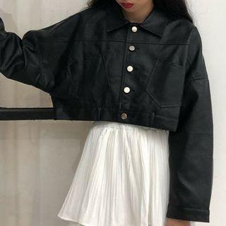 Midi Layered A-line Skirt / Faux Leather Cropped Jacket