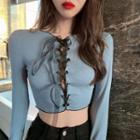 Cropped Lace-up Long Sleeve T-shirt Blue - One Size