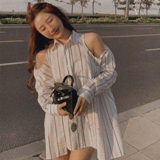 Cold-shoulder Striped Shirt As Shown In Figure - One Size