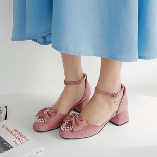 Faux Suede Pearl Accent Ribbon Block Heel Pumps