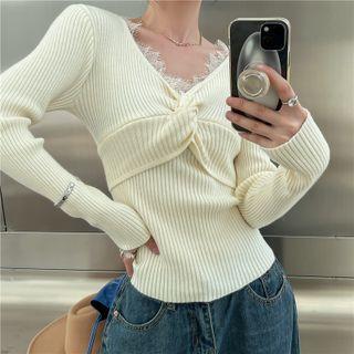 V-neck Lace Trim Twisted Ribbed Knit Top