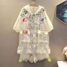 Set : Short-sleeve Organza Panel Lace Jacket + Lace Shorts Almond - One Size