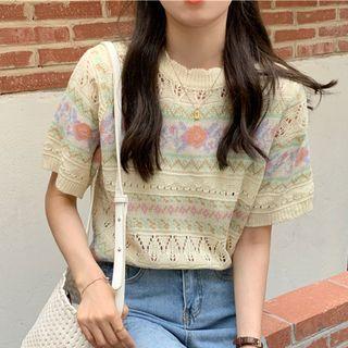 Short-sleeve Perforated Flower Print Top / Camisole Top