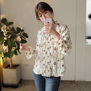 Frill-neck Pintuck Floral Blouse