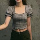 Plaid Square-neck Cropped Blouse As Shown In Figure - One Size