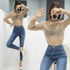 Smocked-neck See-through Lace Top