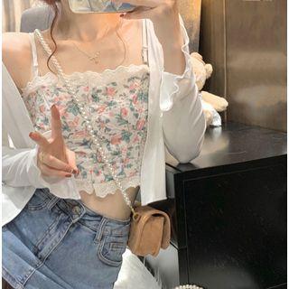 Lace Trim Floral Print Camisole Top / Jacket