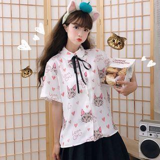 Short-sleeve Cat Print Shirt As Shown In Figure - One Size